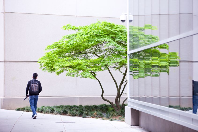 Student walking by a building.