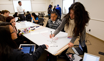 people work in classroom, putting ideas on whiteboard