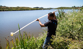 person draws sample water from a sizeable river with a long pole