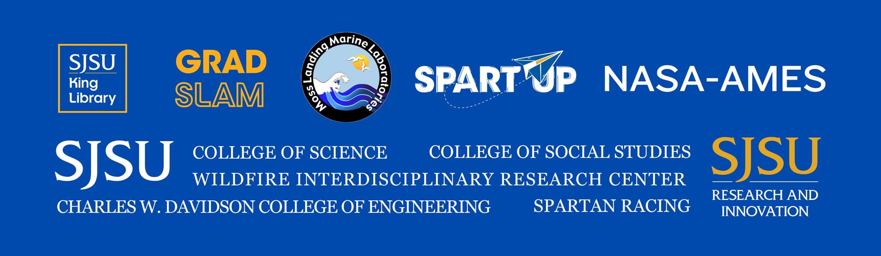 Logos of Research Week partners: King Library, Grad Slam, MLML, SpartUp, Nasa-Ames, SJSU colleges, Research and Innovation.