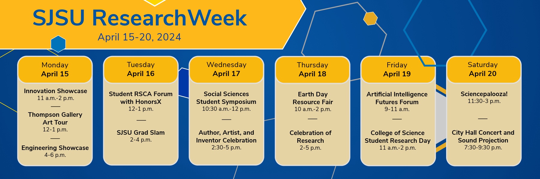 SJSU Research Week, April 15-20, in text with calendar items as seen in accessible cards below