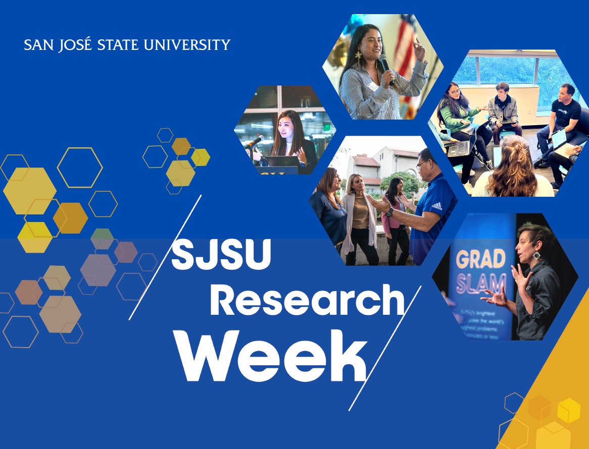 SJSU Research Week logo with hexagon-shaped pictures of faculty and students.