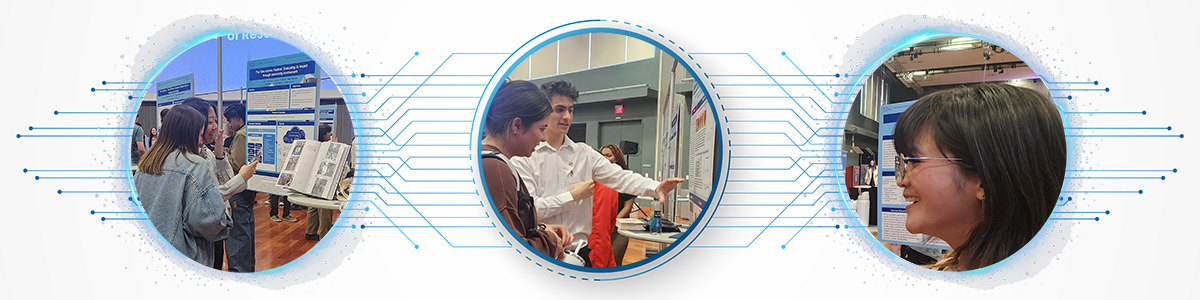 A banner depicting students presenting posters in three separate circles at the Celebration of Research in 2025.