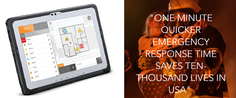 text-based image: in left half, a screen like an iPad shows the floorplan of a building with complex layout; in the right half, text that reads,"one minute quicker emergency resonse time saves ten thousand lives in USA" is superimposed over the sepia-toned image of a firefighter in heavy gear carrying a young girl.