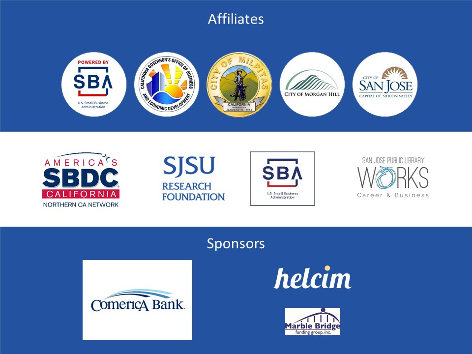 Logos of sponsoring organizations including SBA, California GoBiz, the Cities of Milpitas, Morgan Hill and San Jose, SJSU Research Foundation and San Jose Public Library Works