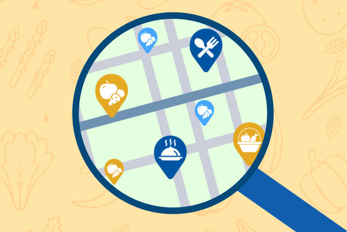 Magnifying glass showing pin locations of food items off-campus