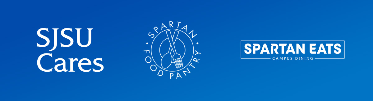 SJSU Cares, Spartan Food Pantry, Spartan Eats Campus Dining logos.