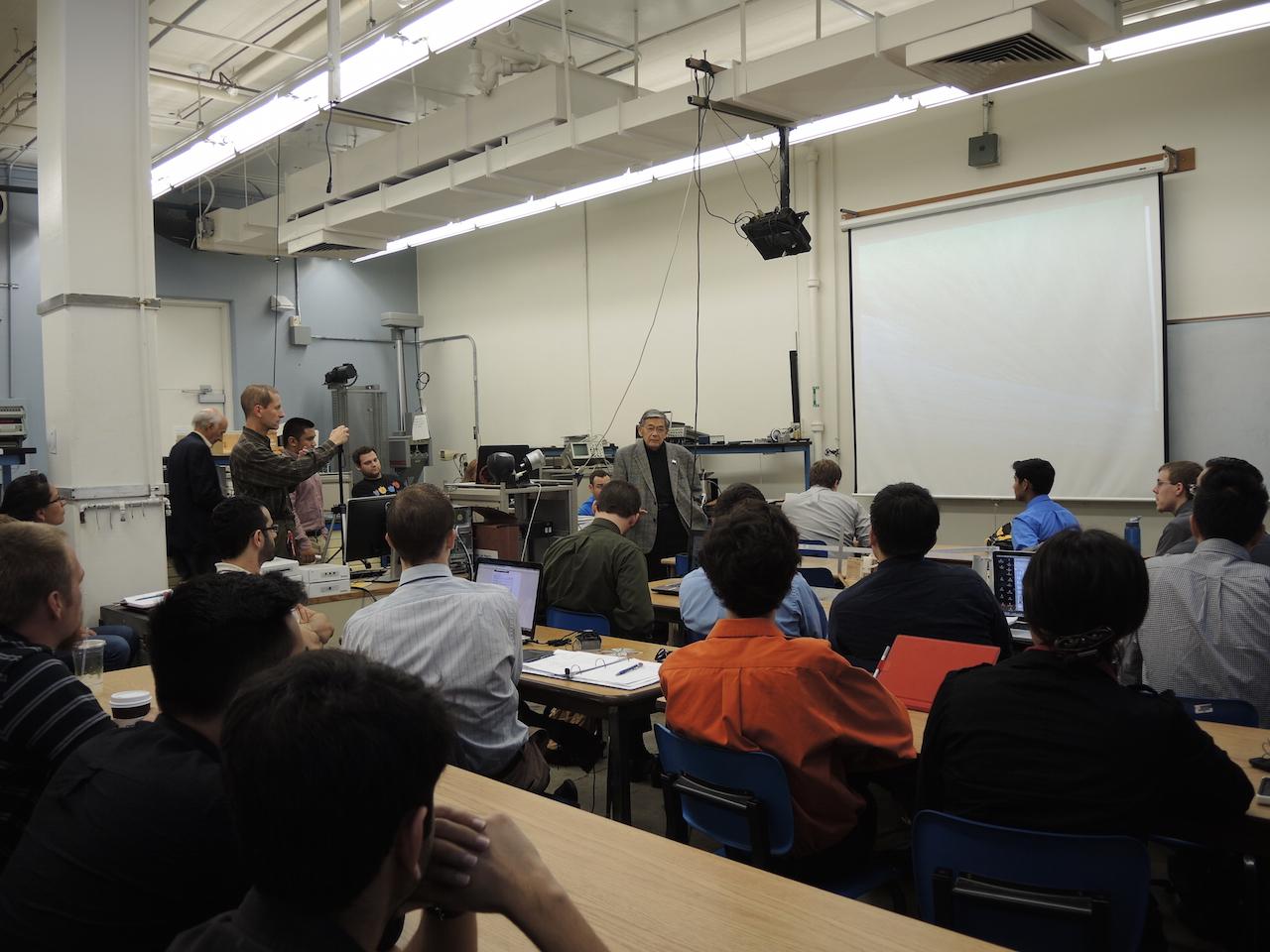 Image of full classroom of students and faculty for Mineta's visit to SJSU.