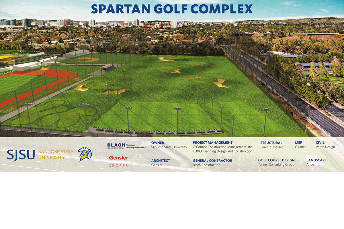 artist's rendering of Spartan Golf Complex, from a bird's eye view; caption credits the organizations involved in the first phase of construction