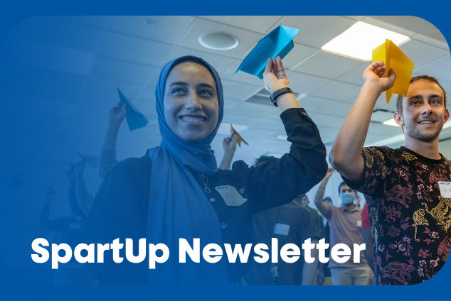 Students throwing paper airplanes with text overlay that says "SpartUp Newsletter"