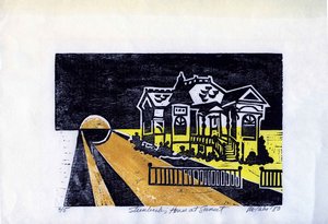 Steinbeck's House at Sunset woodcut in black and yellows.