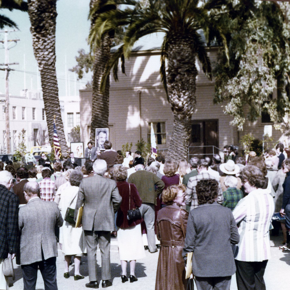 Crowd gathered for celebration of the release of Steinbeck stamp.