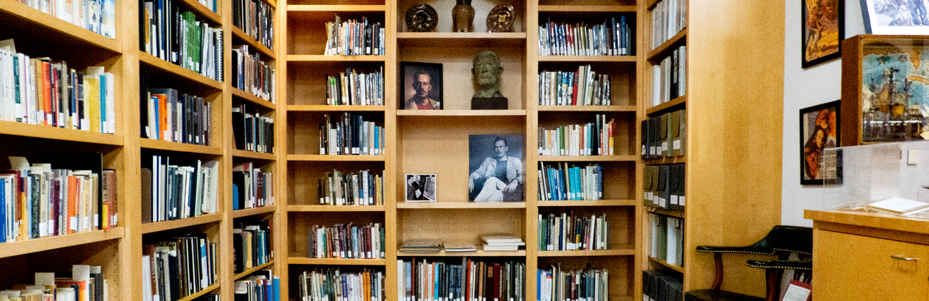 Bookshelves and the interior of the Steinbeck Center.