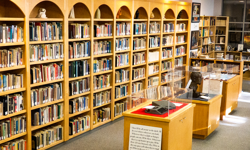 Bookshelves and displays within the Center for Steinbeck studies at SJSU.