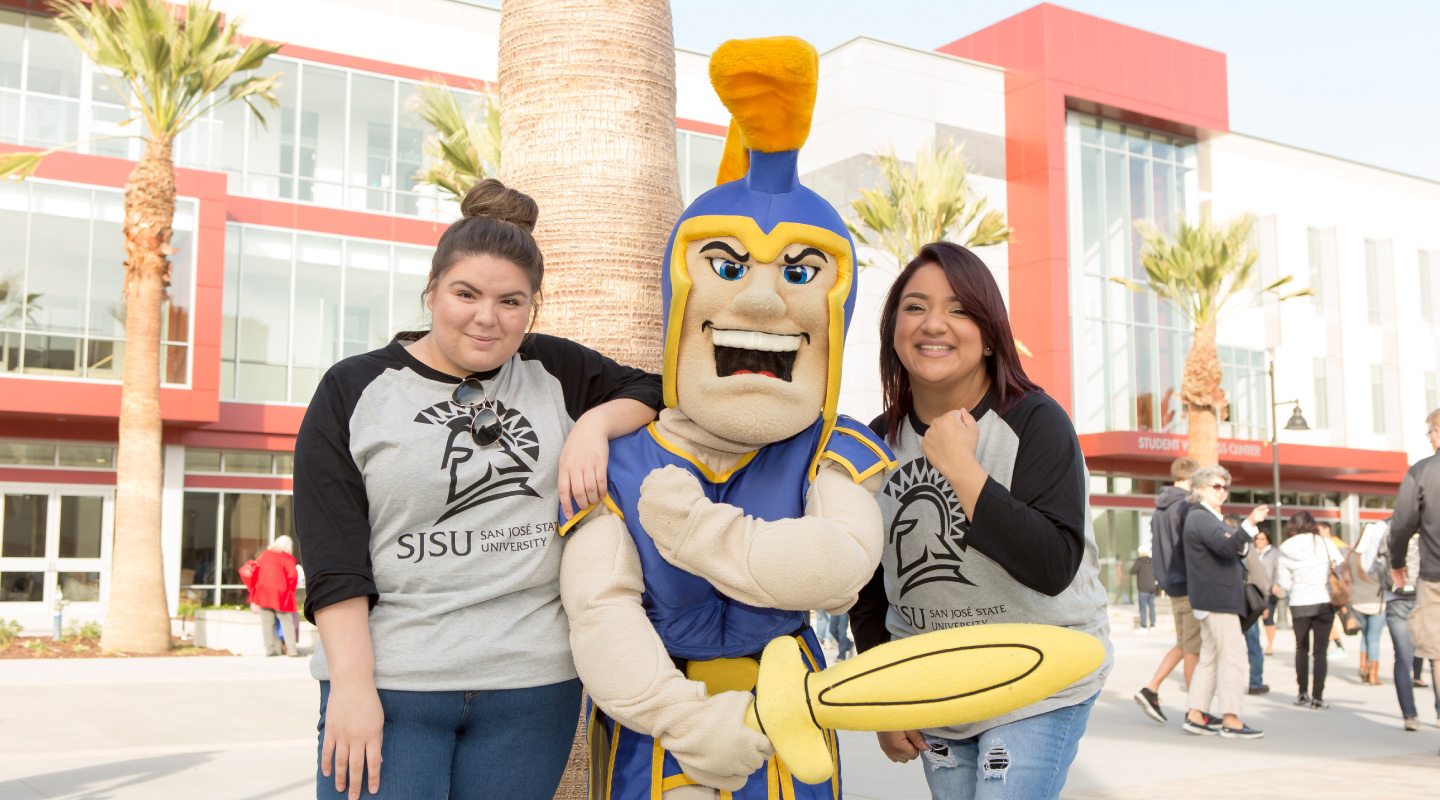 SJSU students with Sammy the Spartan mascot