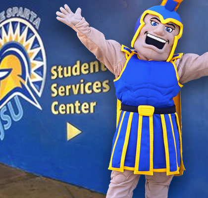 Sammy the Spartan in front of Student Services Center