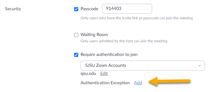 Zoom menu for adding authentication exception