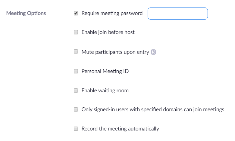 Zoom session options, such as password and waiting room.