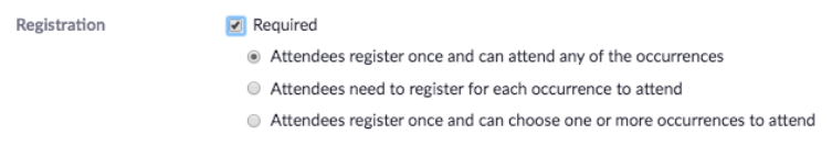 Zoom meeting registration options, such as all occurrences or just one occurence.