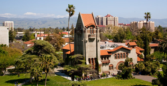Aerial perspective of campus with Tower Hall in the foreground
