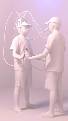 two figures connected by wires