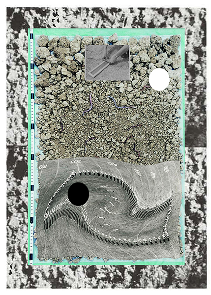 collage with black and white images of soil and rocks
