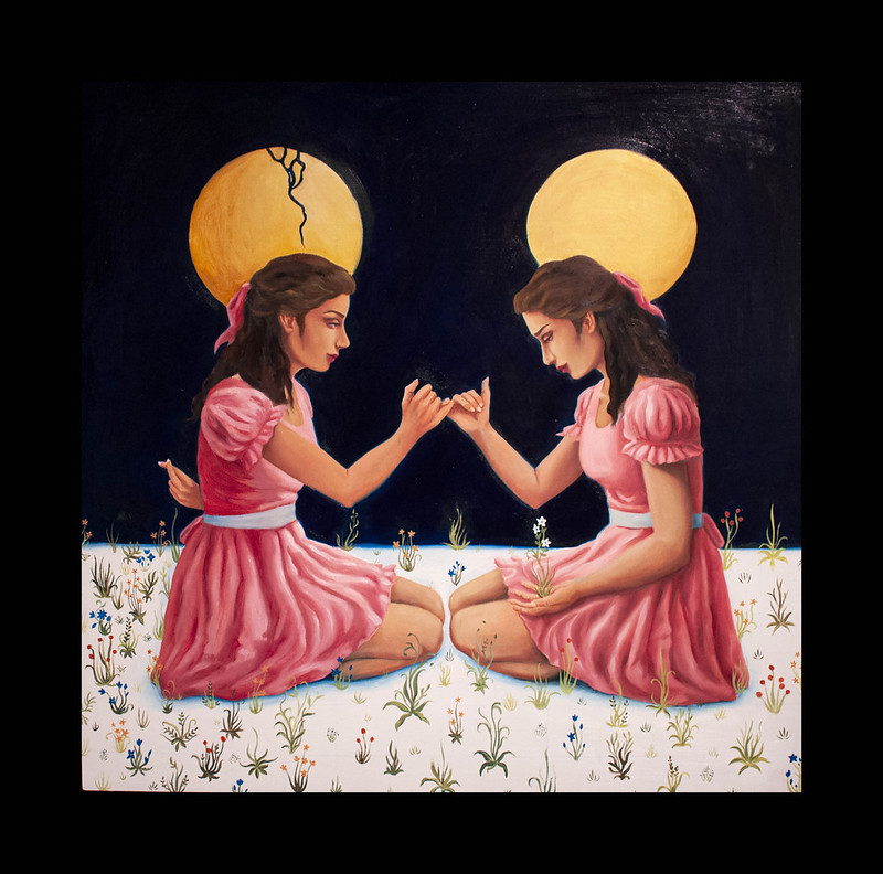 Painting of two young woman in pink dresses facing each other with their pinky fingers intertwined