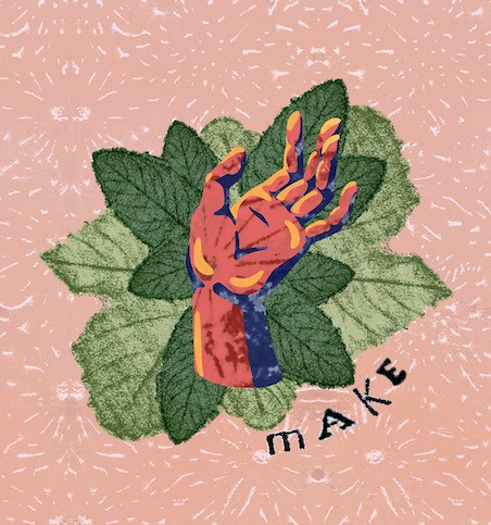 hand with leaves surrounding it and the word "make" in the lower right corner