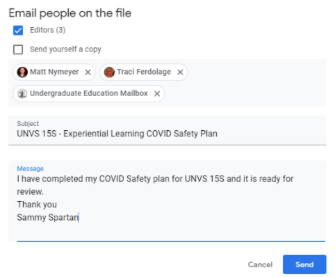 Example of email window pop up for sharing Safety Plan email with collaborators