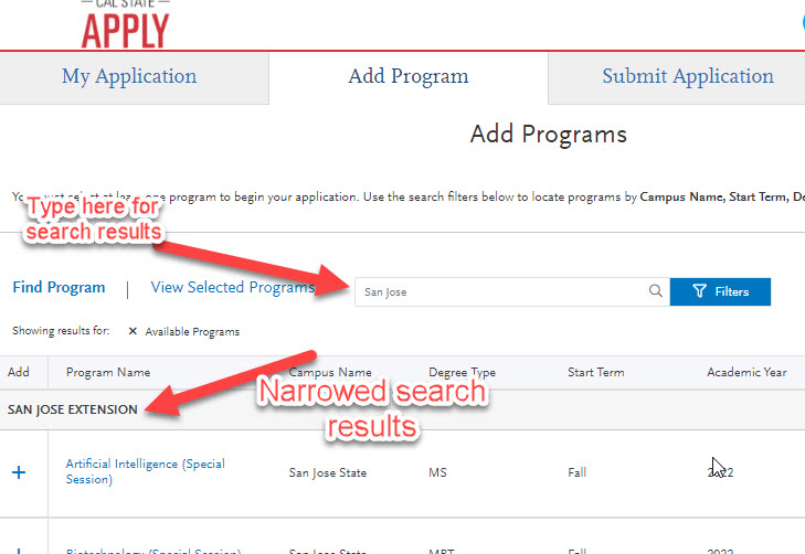 Screenshot of Cal State Apply, using Filters search field for narrowed search results. Two red arrows indicate the search box and the narrowed search results.