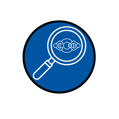 Graphic icon of magnifying glass and two people seated