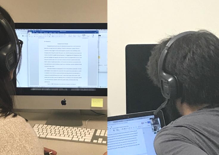 Split screen of a student in front of their screen and a tutor with a headset